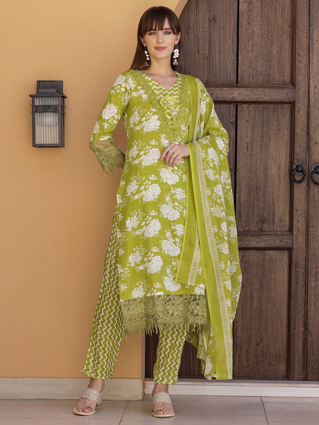 Flower Embellished And Printed Kurta With Pant & Dupatta, Green - Hiral Fashion - Distacart