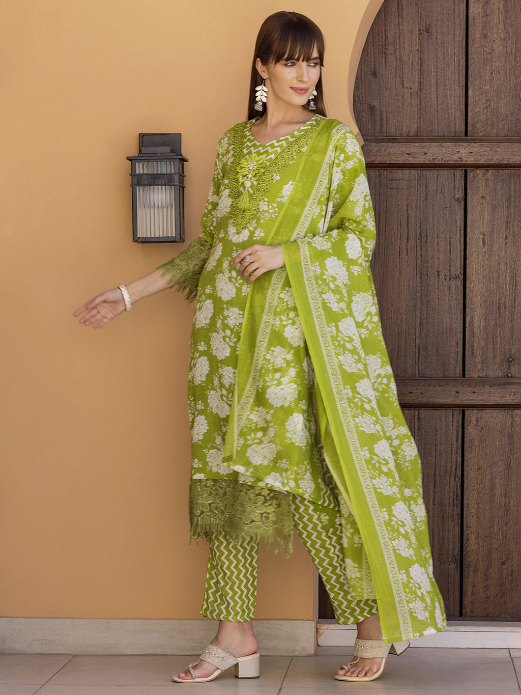 Flower Embellished And Printed Kurta With Pant & Dupatta, Green - Hiral Fashion - Distacart