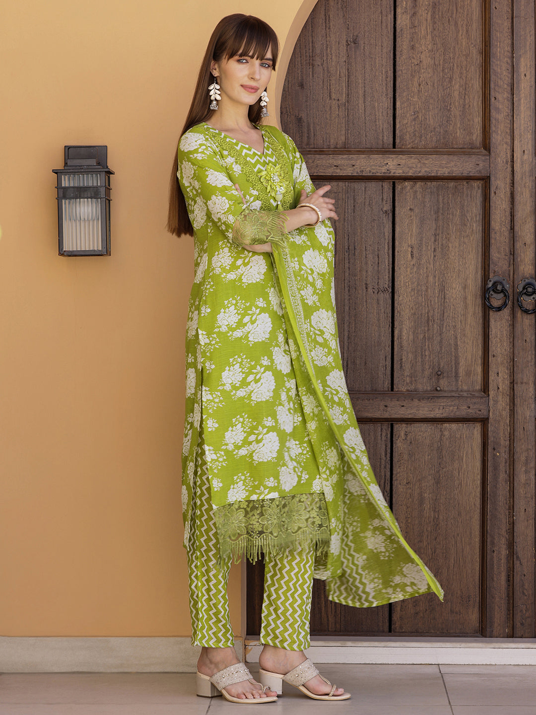 Flower Embellished And Printed Kurta With Pant & Dupatta, Green - Hiral Fashion - Distacart