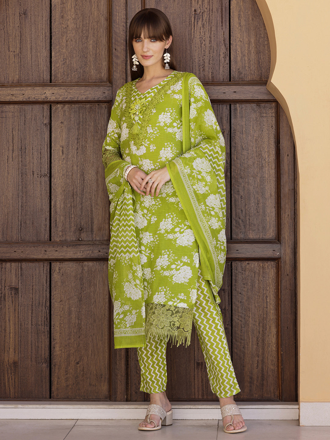 Flower Embellished And Printed Kurta With Pant & Dupatta, Green - Hiral Fashion - Distacart