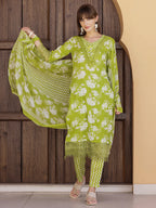 Flower Embellished And Printed Kurta With Pant & Dupatta, Green - Hiral Fashion - Distacart