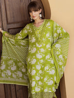 Flower Embellished And Printed Kurta With Pant & Dupatta, Green - Hiral Fashion - Distacart