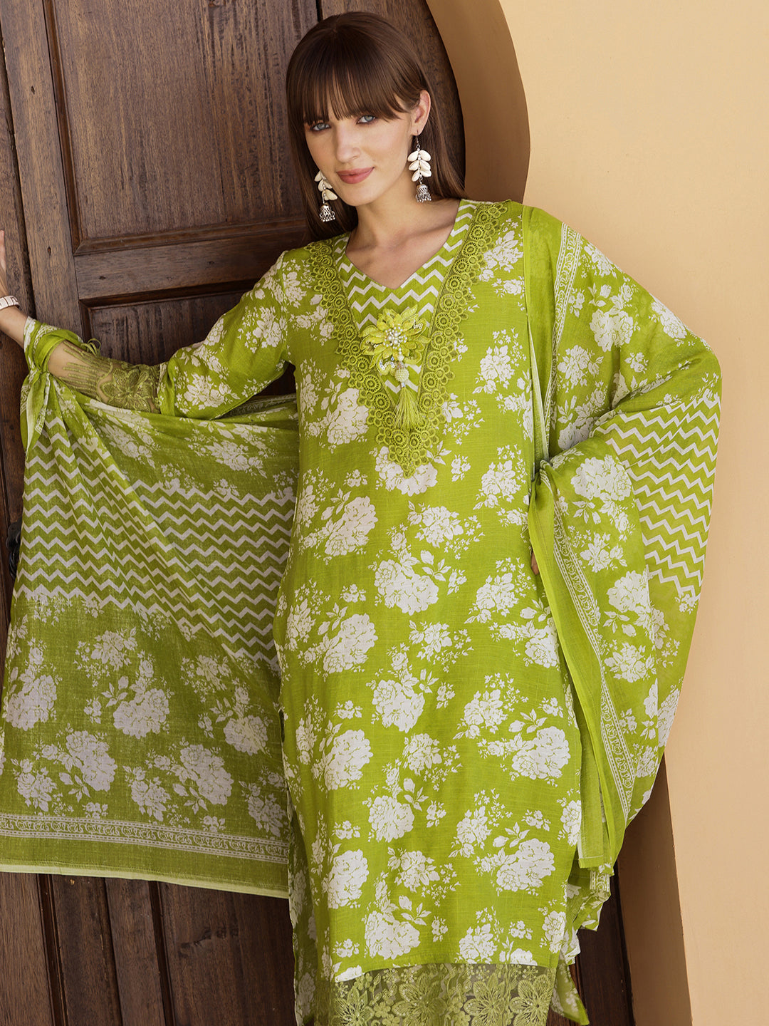 Flower Embellished And Printed Kurta With Pant & Dupatta, Green - Hiral Fashion - Distacart