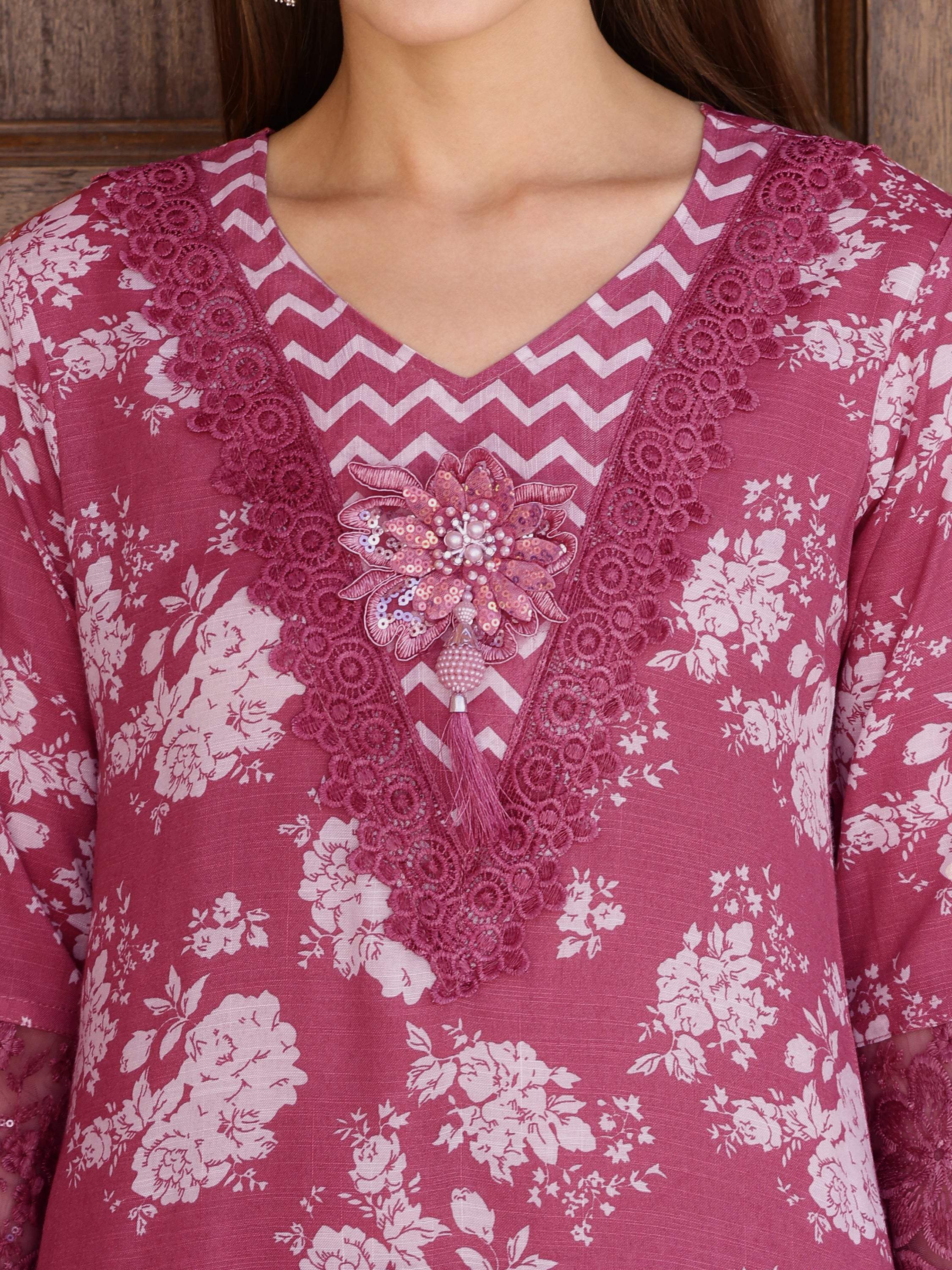 Flower Embellished And Printed Kurta With Pant & Dupatta, Purple - Hiral Fashion - Distacart