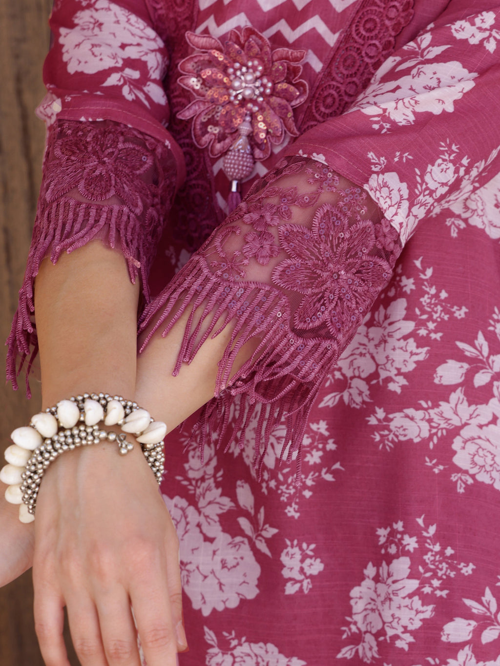 Flower Embellished And Printed Kurta With Pant & Dupatta, Purple - Hiral Fashion - Distacart