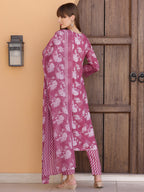 Flower Embellished And Printed Kurta With Pant & Dupatta, Purple - Hiral Fashion - Distacart