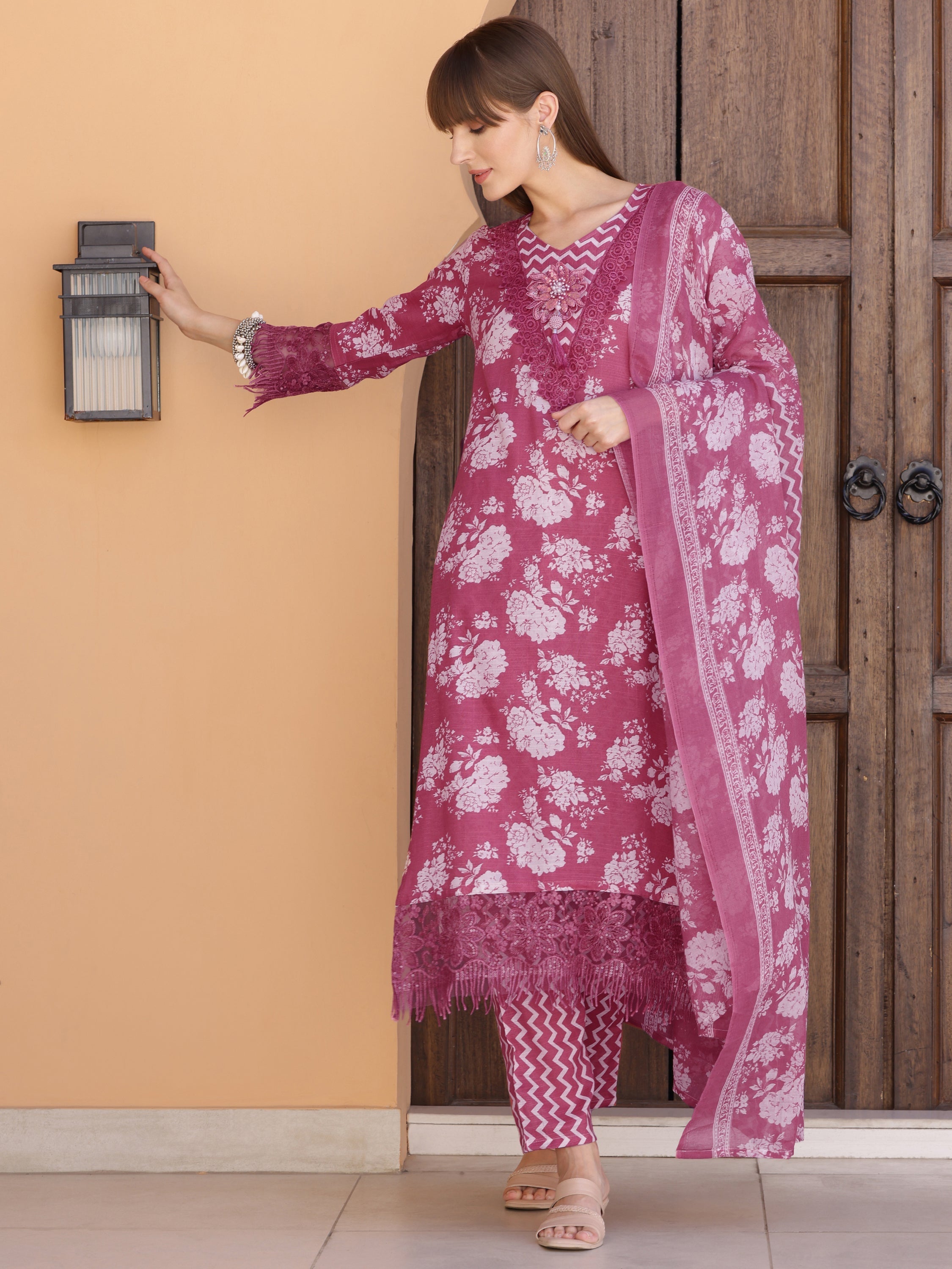 Flower Embellished And Printed Kurta With Pant & Dupatta, Purple - Hiral Fashion - Distacart