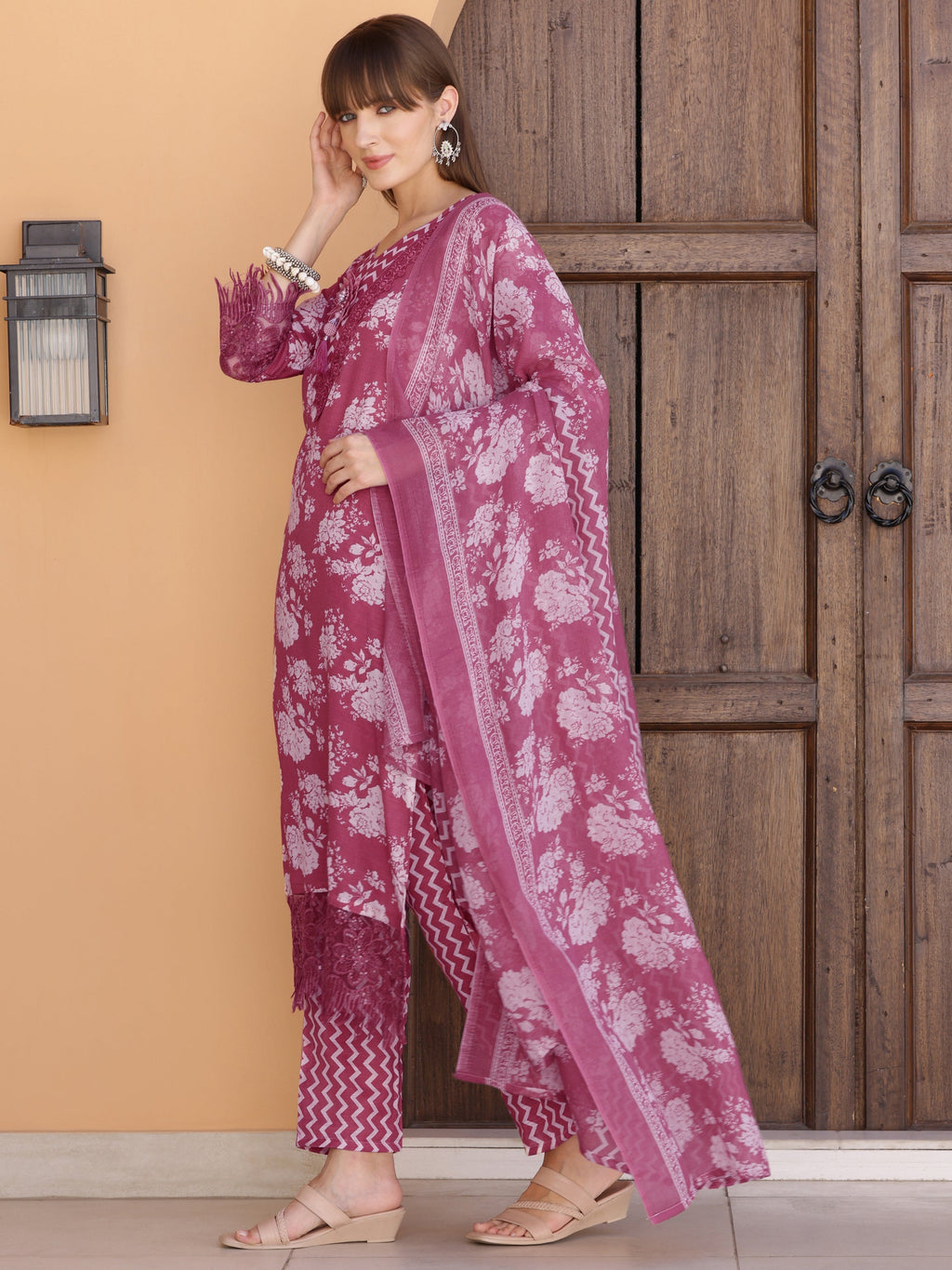 Flower Embellished And Printed Kurta With Pant & Dupatta, Purple - Hiral Fashion - Distacart