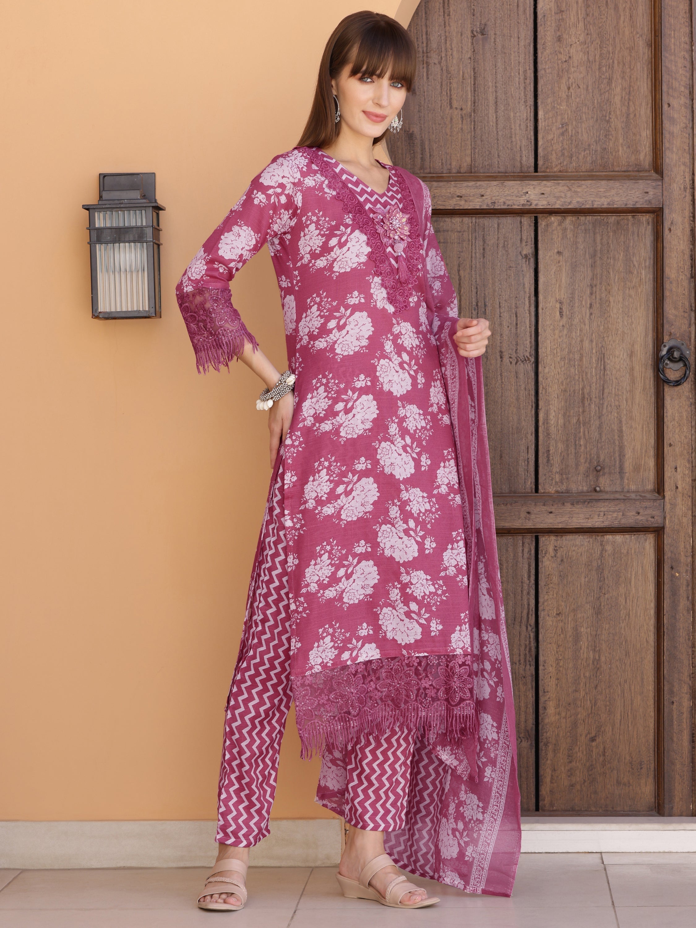 Flower Embellished And Printed Kurta With Pant & Dupatta, Purple - Hiral Fashion - Distacart