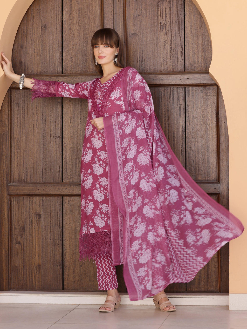 Flower Embellished And Printed Kurta With Pant & Dupatta, Purple - Hiral Fashion - Distacart