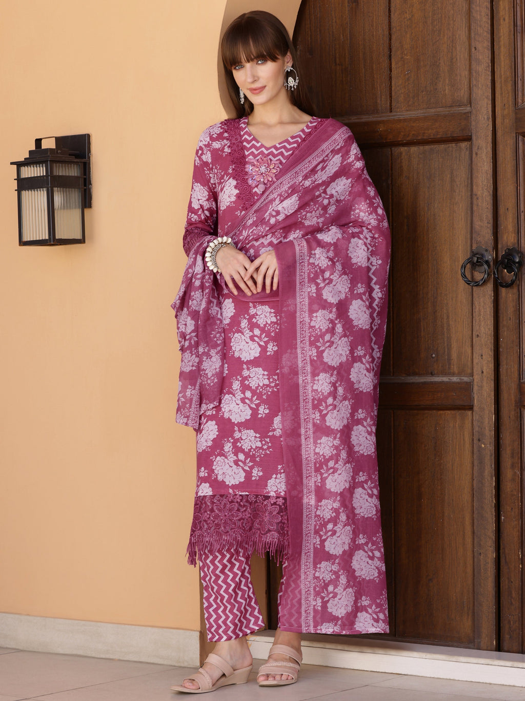Flower Embellished And Printed Kurta With Pant & Dupatta, Purple - Hiral Fashion - Distacart