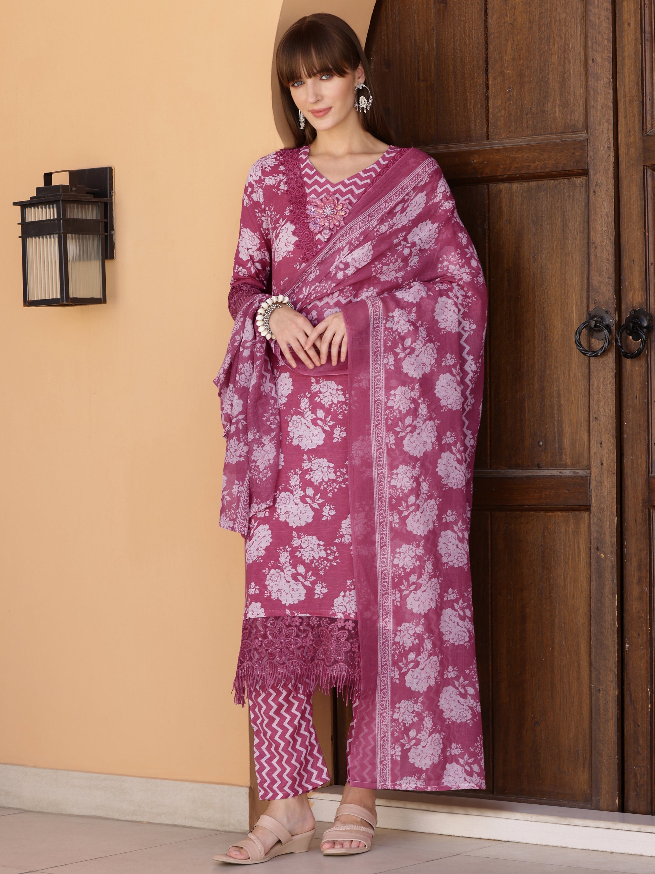 Flower Embellished And Printed Kurta With Pant & Dupatta, Purple - Hiral Fashion - Distacart