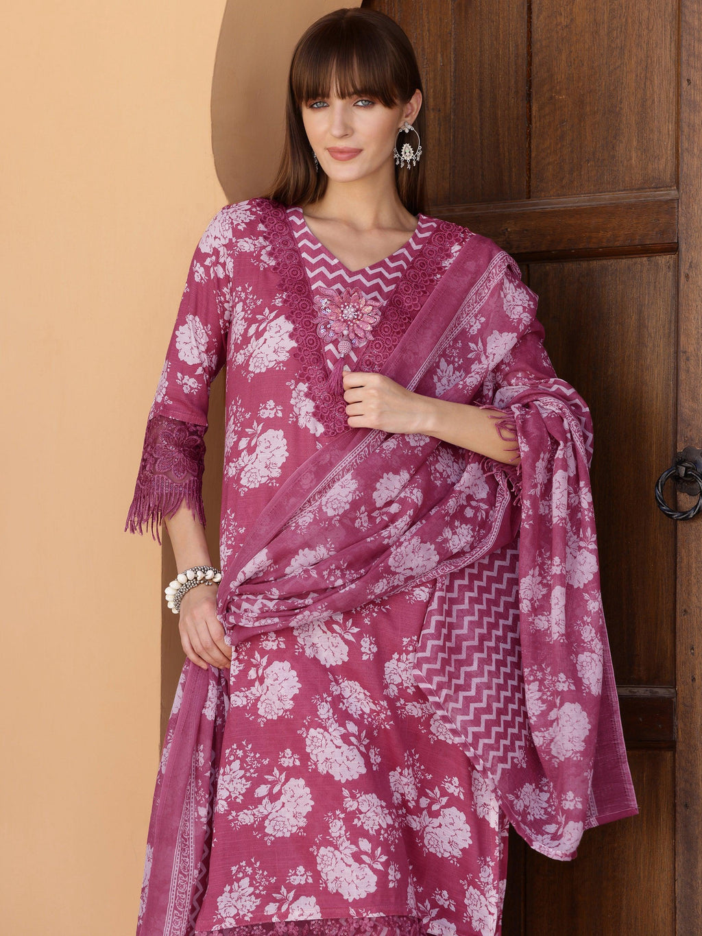 Flower Embellished And Printed Kurta With Pant & Dupatta, Purple - Hiral Fashion - Distacart
