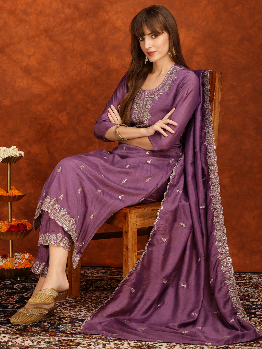 Sequined Embroidered Kurta With Pant & Dupatta, Lavender - Hiral Fashion - Distacart