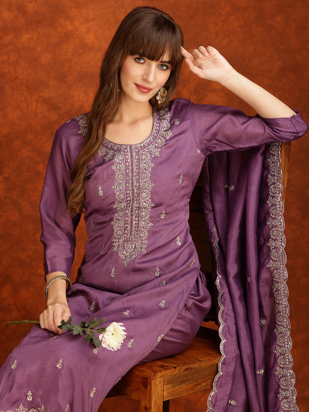 Sequined Embroidered Kurta With Pant & Dupatta, Lavender - Hiral Fashion - Distacart