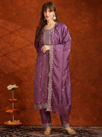 Sequined Embroidered Kurta With Pant & Dupatta, Lavender - Hiral Fashion - Distacart