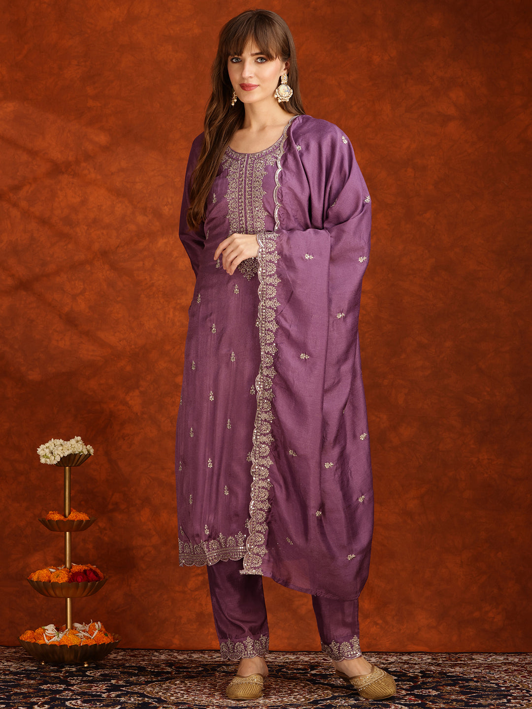 Sequined Embroidered Kurta With Pant & Dupatta, Lavender - Hiral Fashion - Distacart