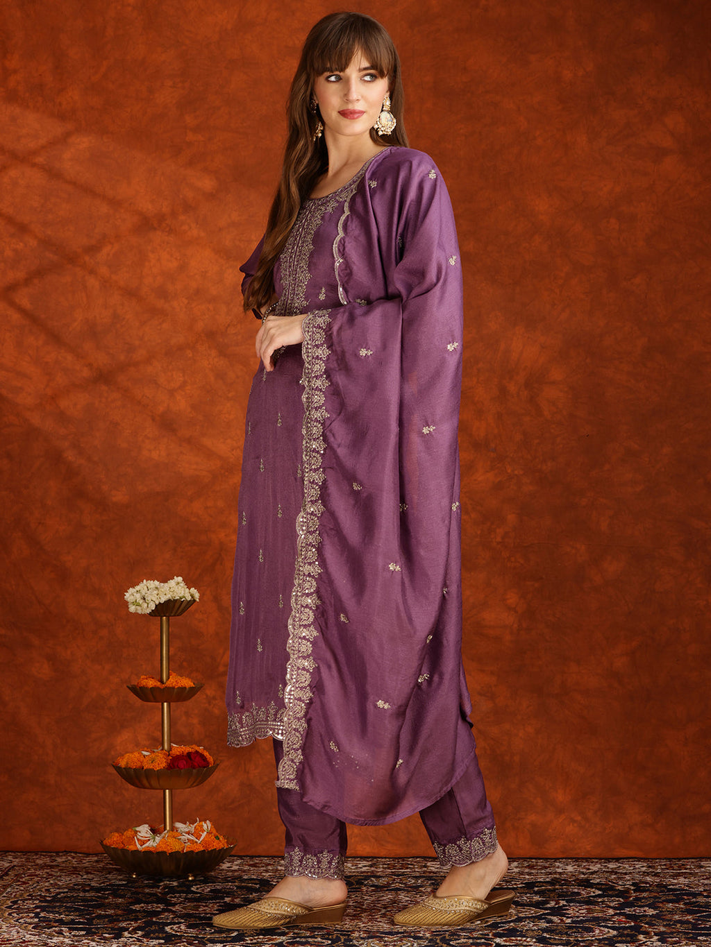 Sequined Embroidered Kurta With Pant & Dupatta, Lavender - Hiral Fashion - Distacart