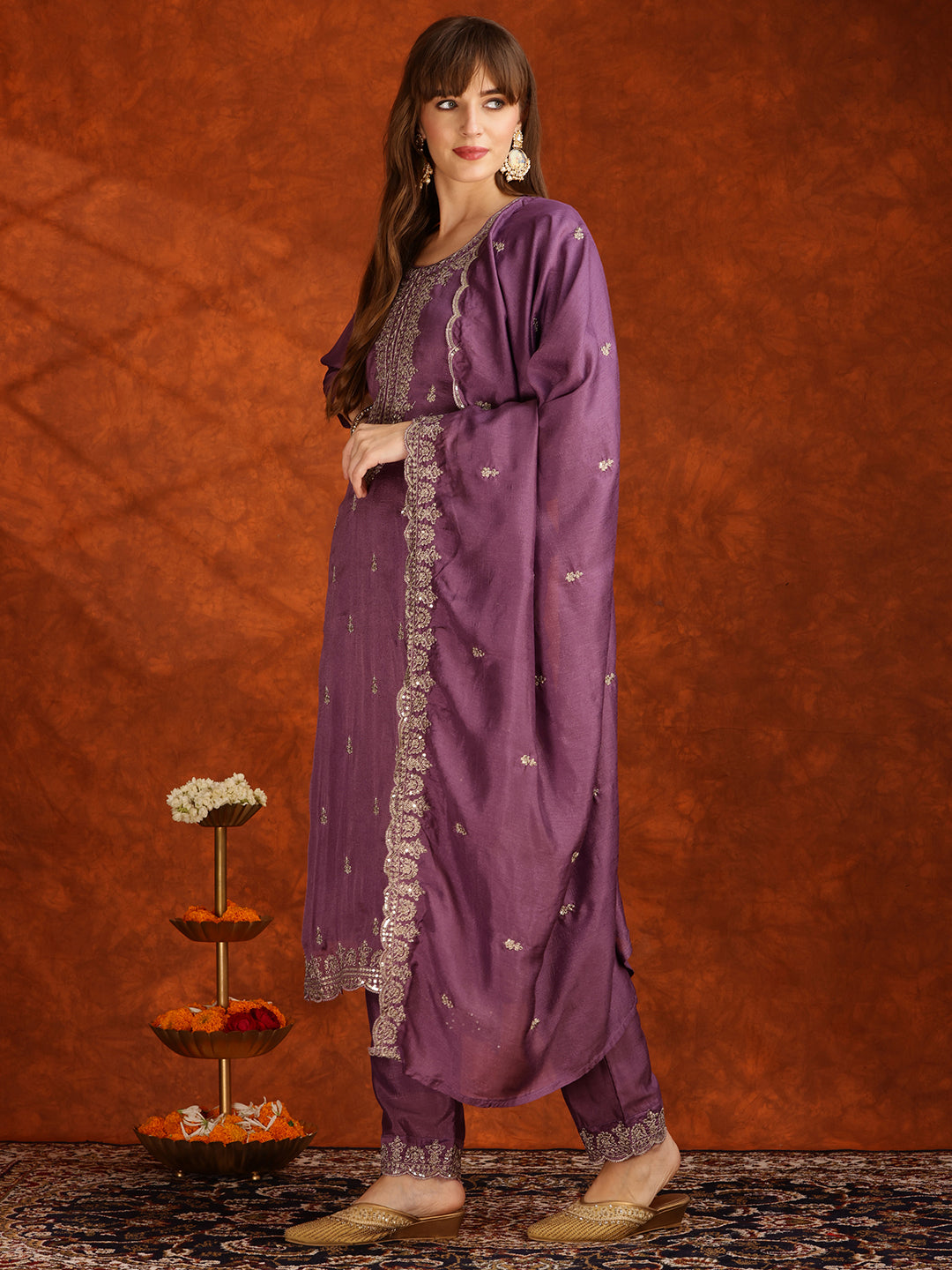Sequined Embroidered Kurta With Pant & Dupatta, Lavender - Hiral Fashion - Distacart