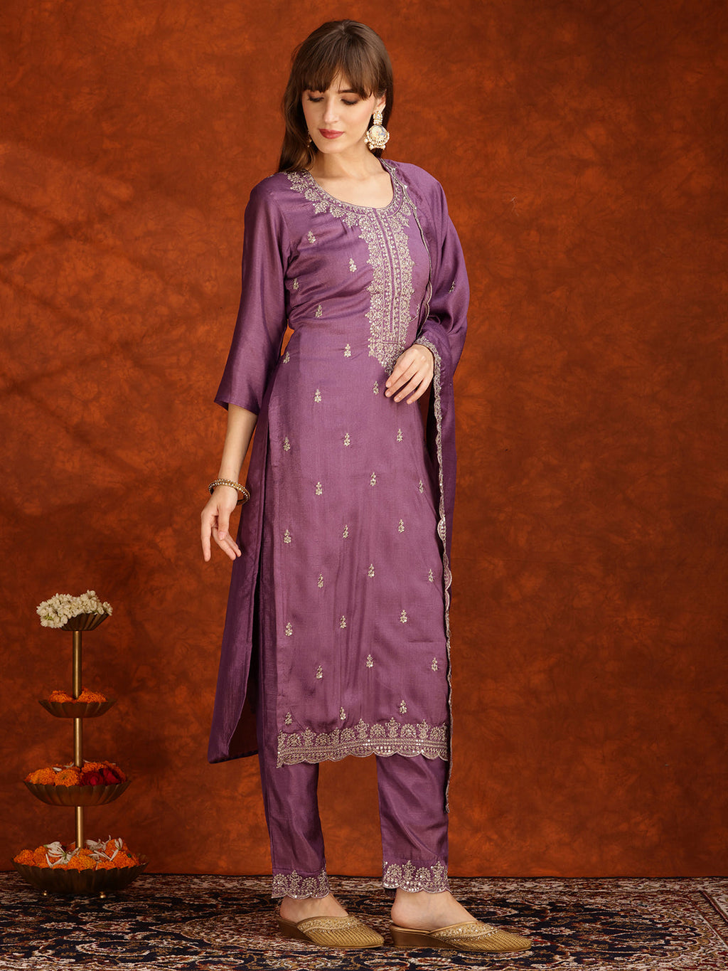 Sequined Embroidered Kurta With Pant & Dupatta, Lavender - Hiral Fashion - Distacart