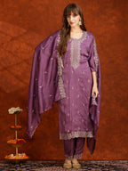 Sequined Embroidered Kurta With Pant & Dupatta, Lavender - Hiral Fashion - Distacart