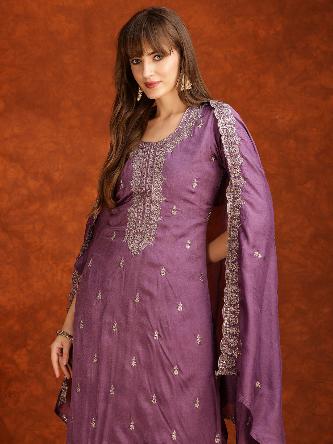 Sequined Embroidered Kurta With Pant & Dupatta, Lavender - Hiral Fashion - Distacart