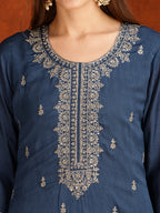 Sequined Embroidered Kurta With Pant & Dupatta, Teal - Hiral Fashion - Distacart