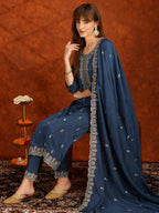 Sequined Embroidered Kurta With Pant & Dupatta, Teal - Hiral Fashion - Distacart