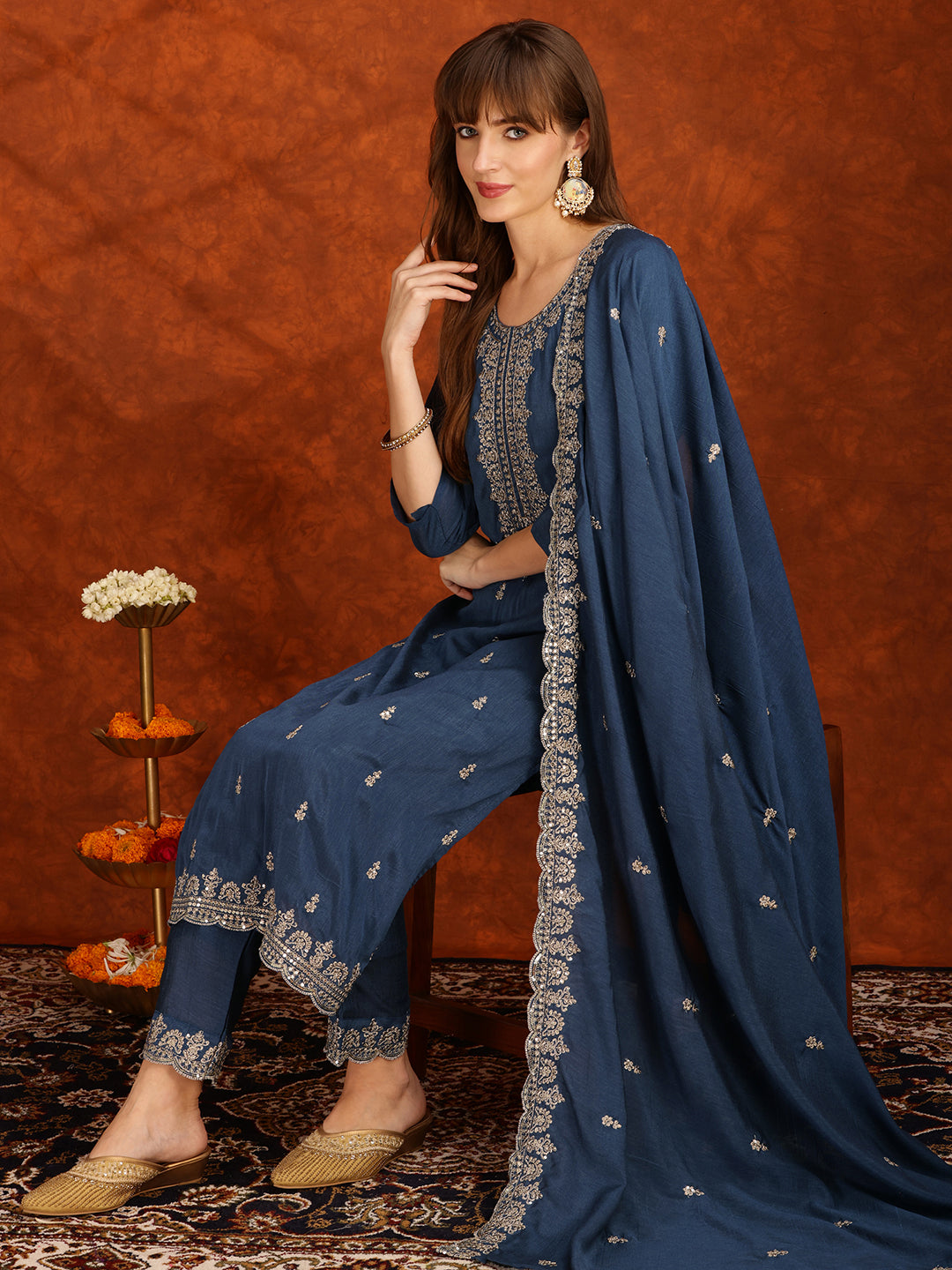 Sequined Embroidered Kurta With Pant & Dupatta, Teal - Hiral Fashion - Distacart