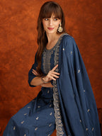 Sequined Embroidered Kurta With Pant & Dupatta, Teal - Hiral Fashion - Distacart