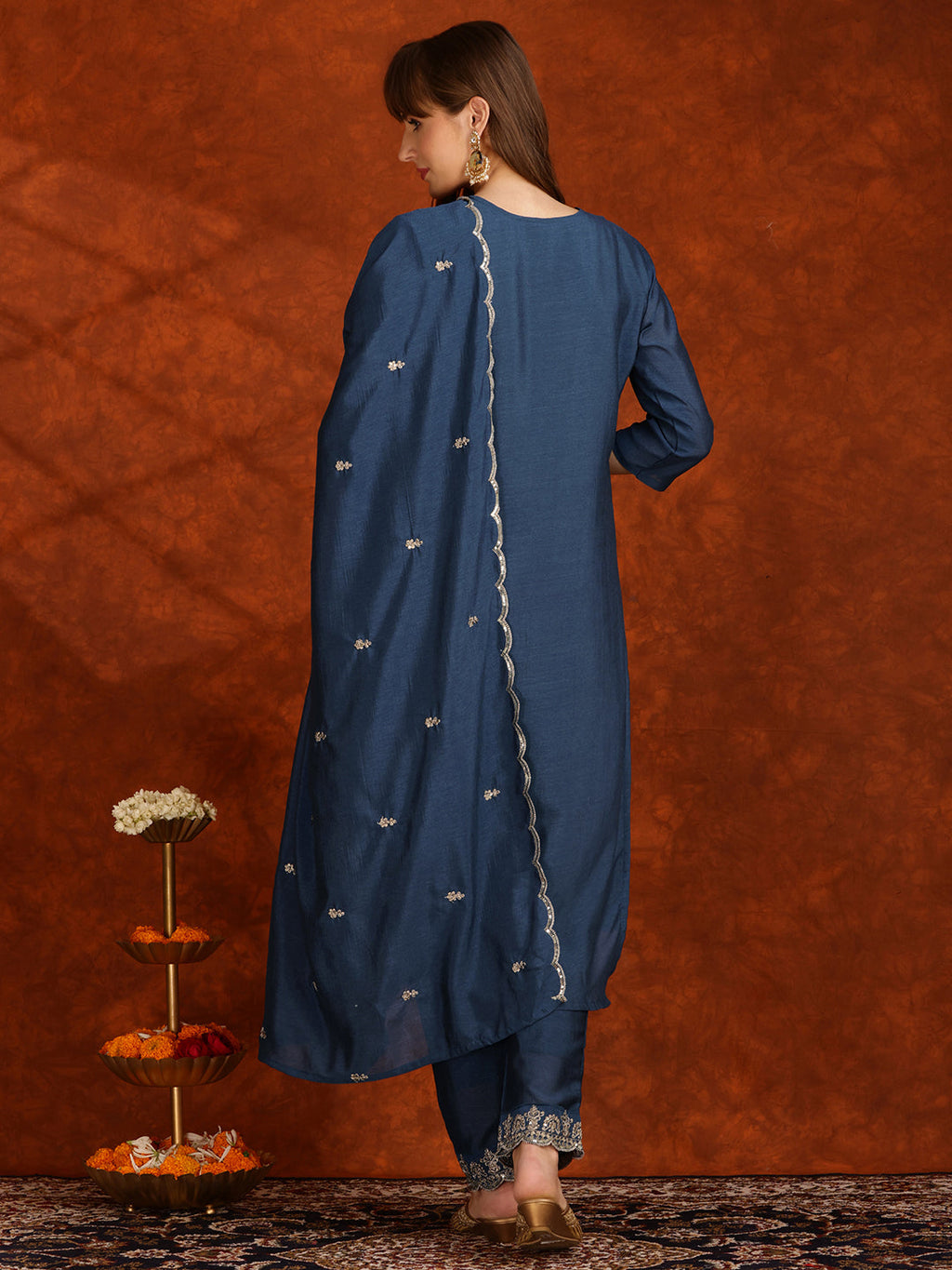 Sequined Embroidered Kurta With Pant & Dupatta, Teal - Hiral Fashion - Distacart