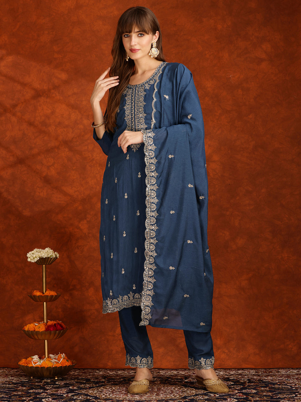Sequined Embroidered Kurta With Pant & Dupatta, Teal - Hiral Fashion - Distacart