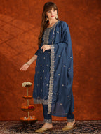 Sequined Embroidered Kurta With Pant & Dupatta, Teal - Hiral Fashion - Distacart