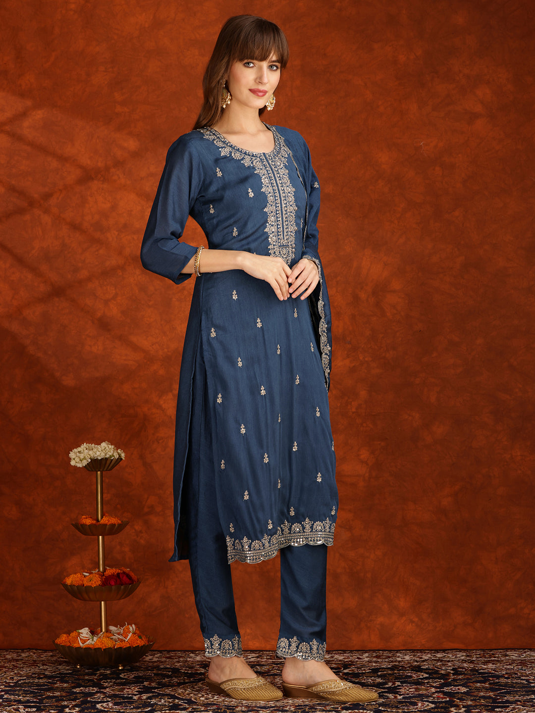 Sequined Embroidered Kurta With Pant & Dupatta, Teal - Hiral Fashion - Distacart