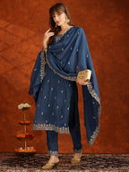 Sequined Embroidered Kurta With Pant & Dupatta, Teal - Hiral Fashion - Distacart