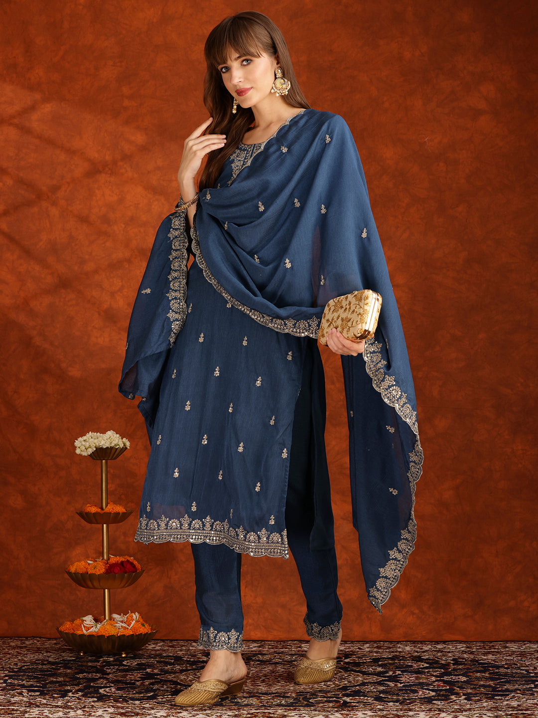 Sequined Embroidered Kurta With Pant & Dupatta, Teal - Hiral Fashion - Distacart