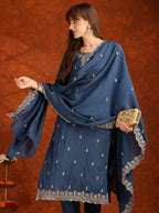 Sequined Embroidered Kurta With Pant & Dupatta, Teal - Hiral Fashion - Distacart