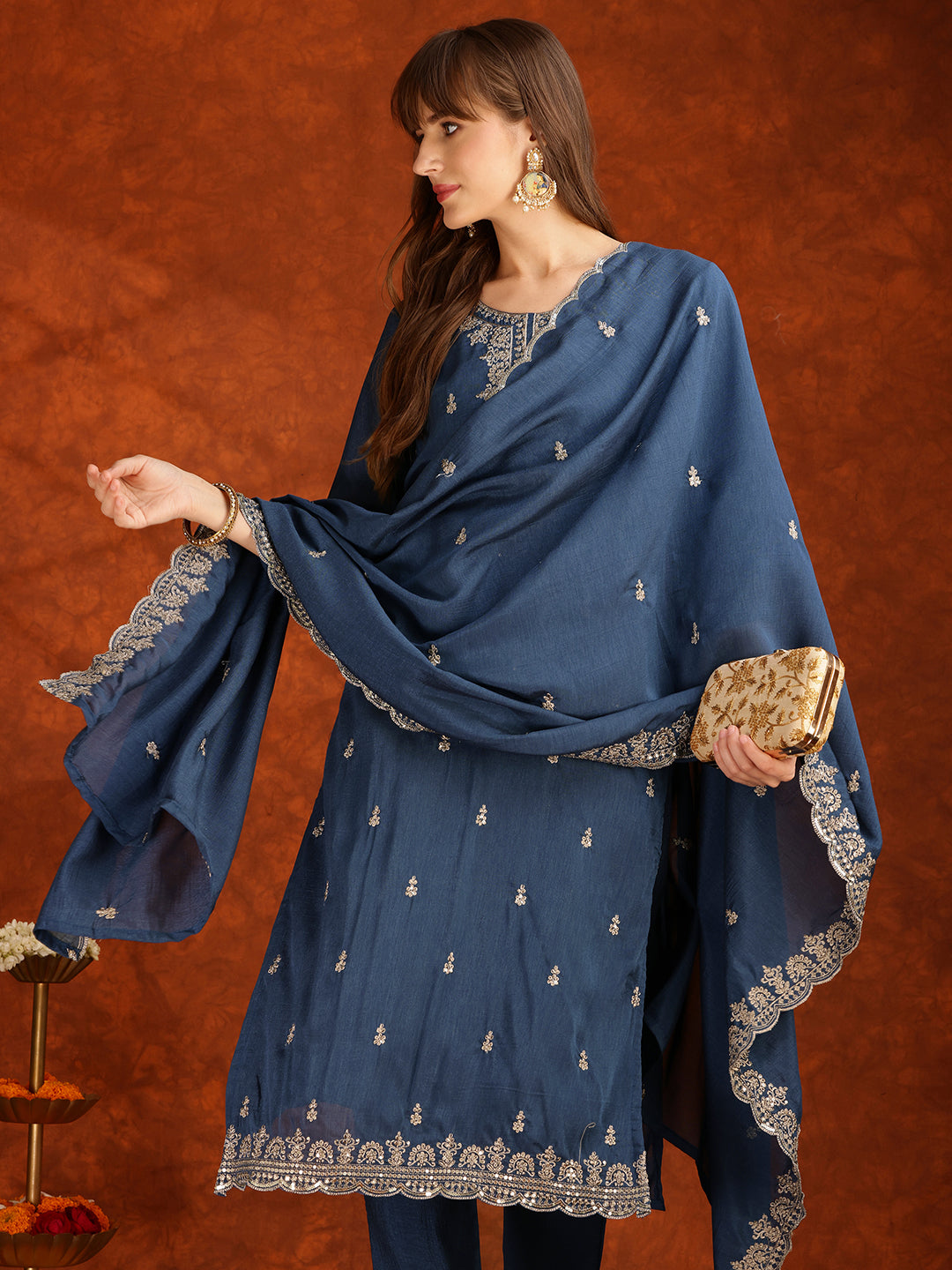 Sequined Embroidered Kurta With Pant & Dupatta, Teal - Hiral Fashion - Distacart