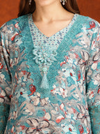Flower Embellished And Printed Pakistani Kurta With Pant & Dupatta, Aqua-Blue - Hiral Fashion - Distacart