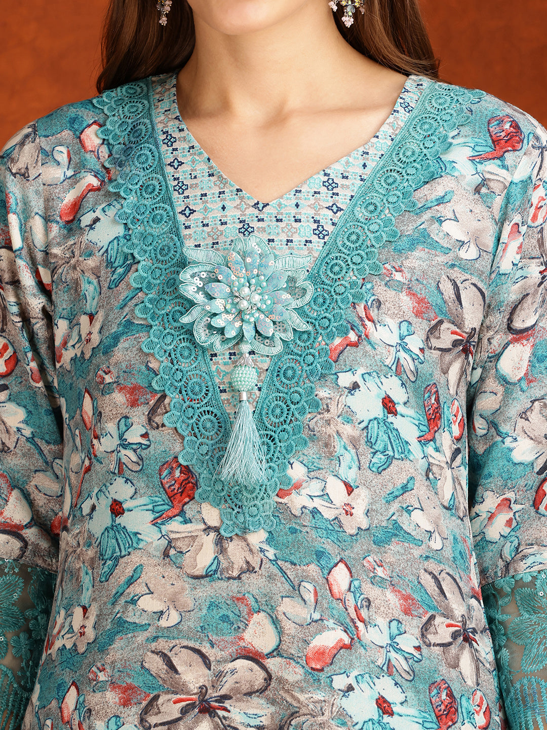 Flower Embellished And Printed Pakistani Kurta With Pant & Dupatta, Aqua-Blue - Hiral Fashion - Distacart