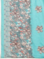 Flower Embellished And Printed Pakistani Kurta With Pant & Dupatta, Aqua-Blue - Hiral Fashion - Distacart