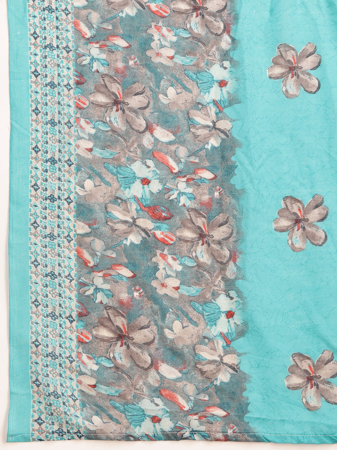 Flower Embellished And Printed Pakistani Kurta With Pant & Dupatta, Aqua-Blue - Hiral Fashion - Distacart