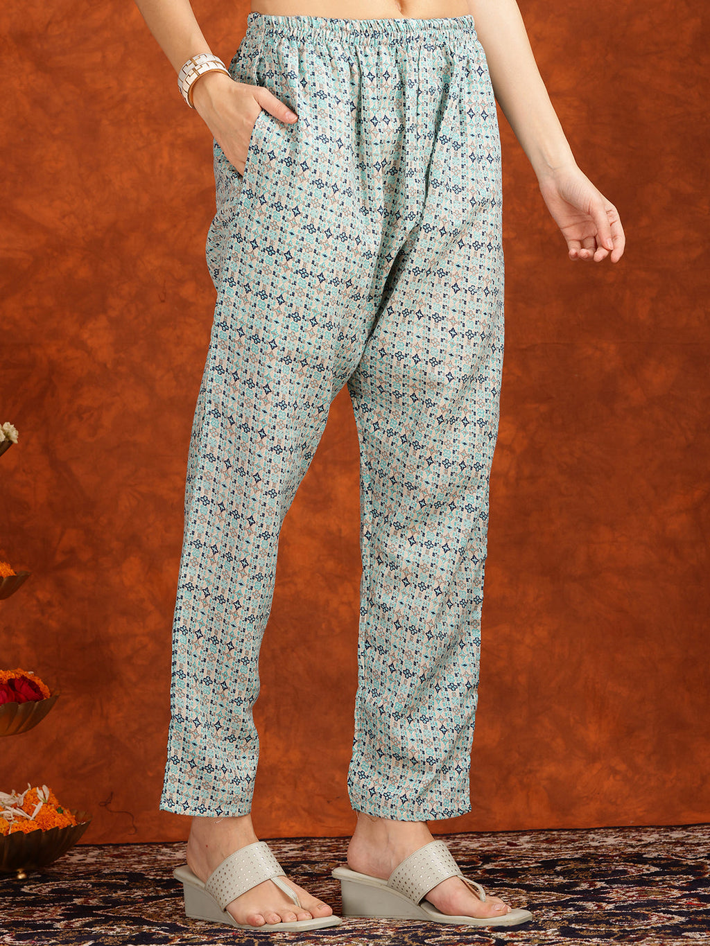 Flower Embellished And Printed Pakistani Kurta With Pant & Dupatta, Aqua-Blue - Hiral Fashion - Distacart