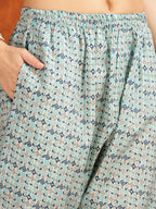 Flower Embellished And Printed Pakistani Kurta With Pant & Dupatta, Aqua-Blue - Hiral Fashion - Distacart