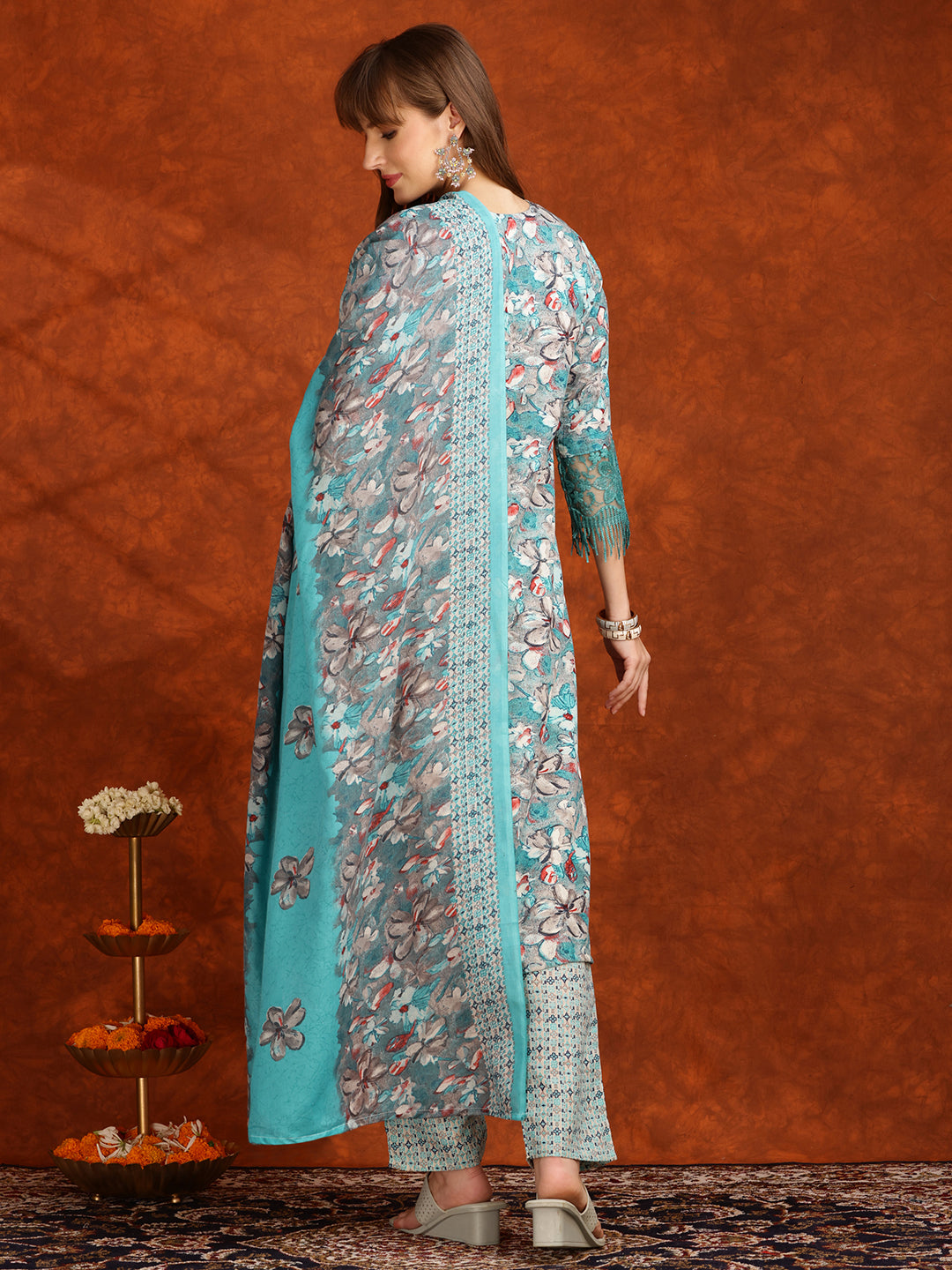 Flower Embellished And Printed Pakistani Kurta With Pant & Dupatta, Aqua-Blue - Hiral Fashion - Distacart