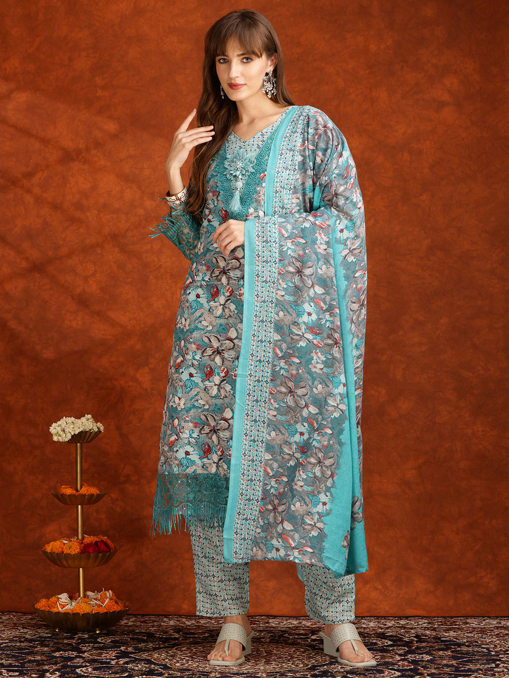 Flower Embellished And Printed Pakistani Kurta With Pant & Dupatta, Aqua-Blue - Hiral Fashion - Distacart