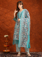 Flower Embellished And Printed Pakistani Kurta With Pant & Dupatta, Aqua-Blue - Hiral Fashion - Distacart
