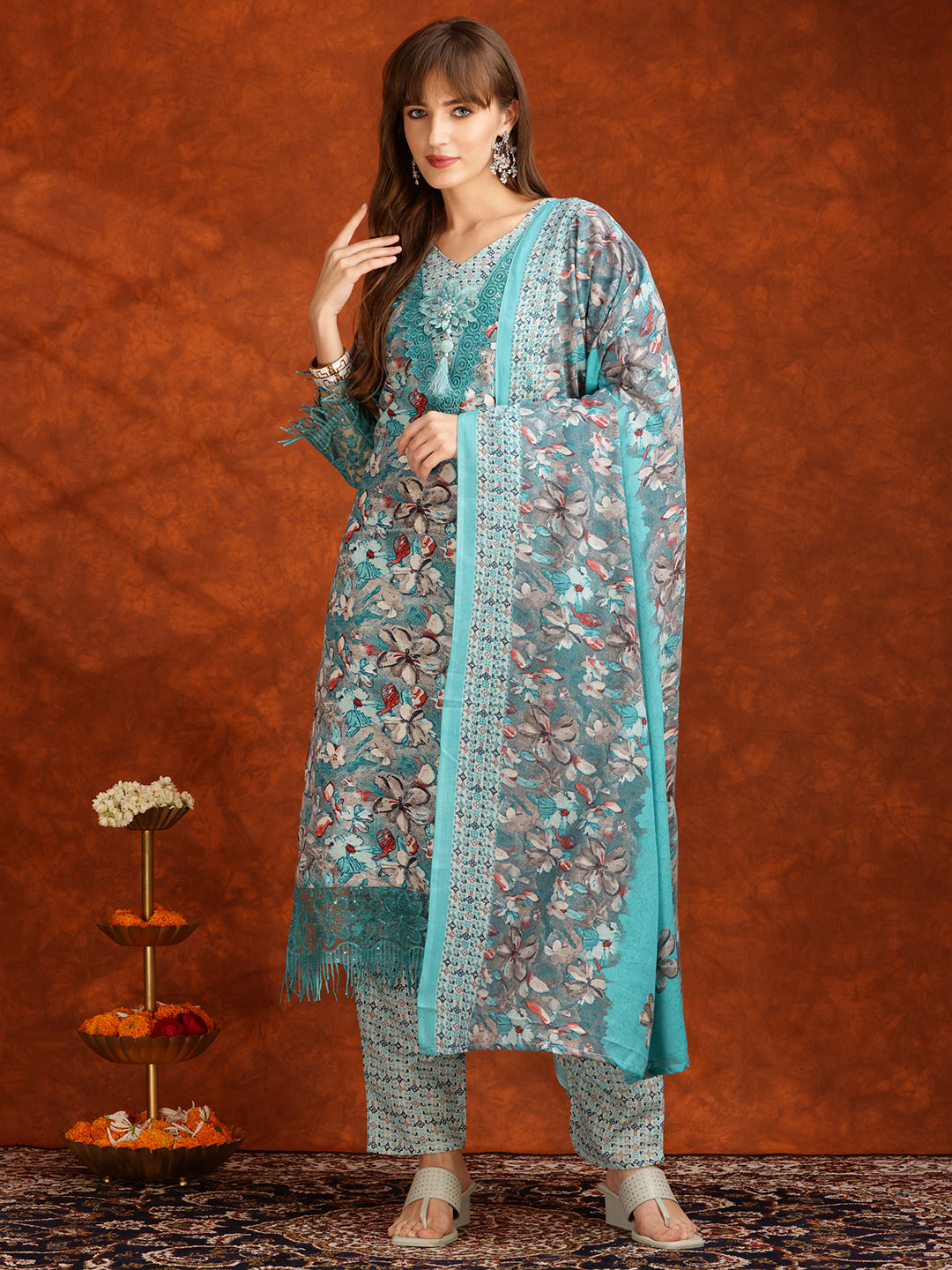 Flower Embellished And Printed Pakistani Kurta With Pant & Dupatta, Aqua-Blue - Hiral Fashion - Distacart