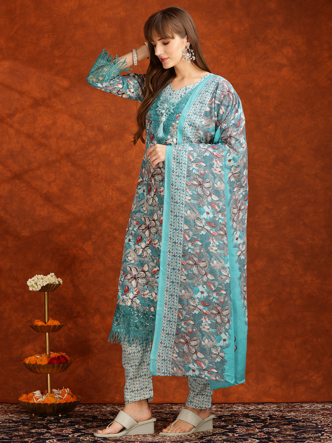 Flower Embellished And Printed Pakistani Kurta With Pant & Dupatta, Aqua-Blue - Hiral Fashion - Distacart