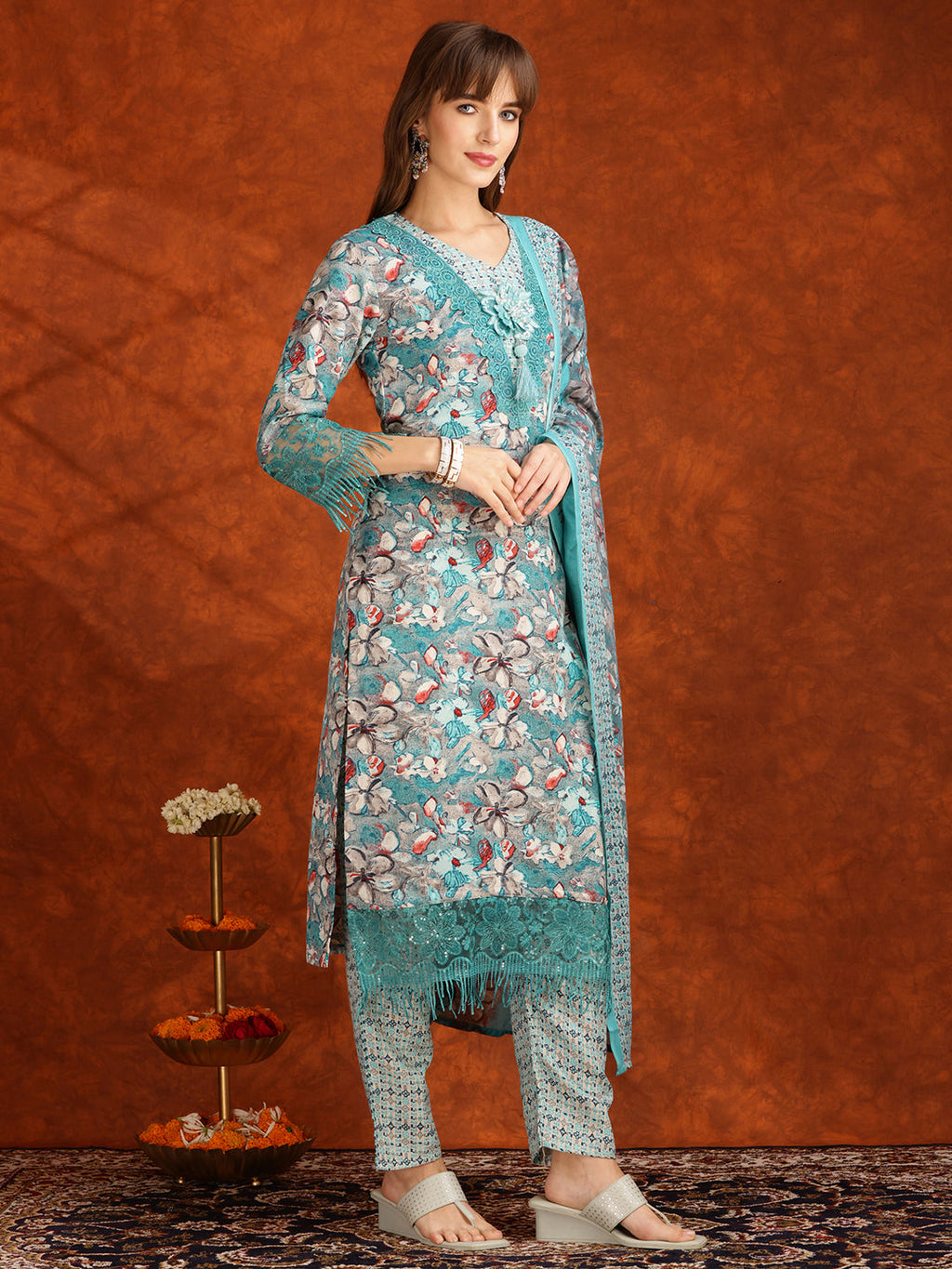 Flower Embellished And Printed Pakistani Kurta With Pant & Dupatta, Aqua-Blue - Hiral Fashion - Distacart